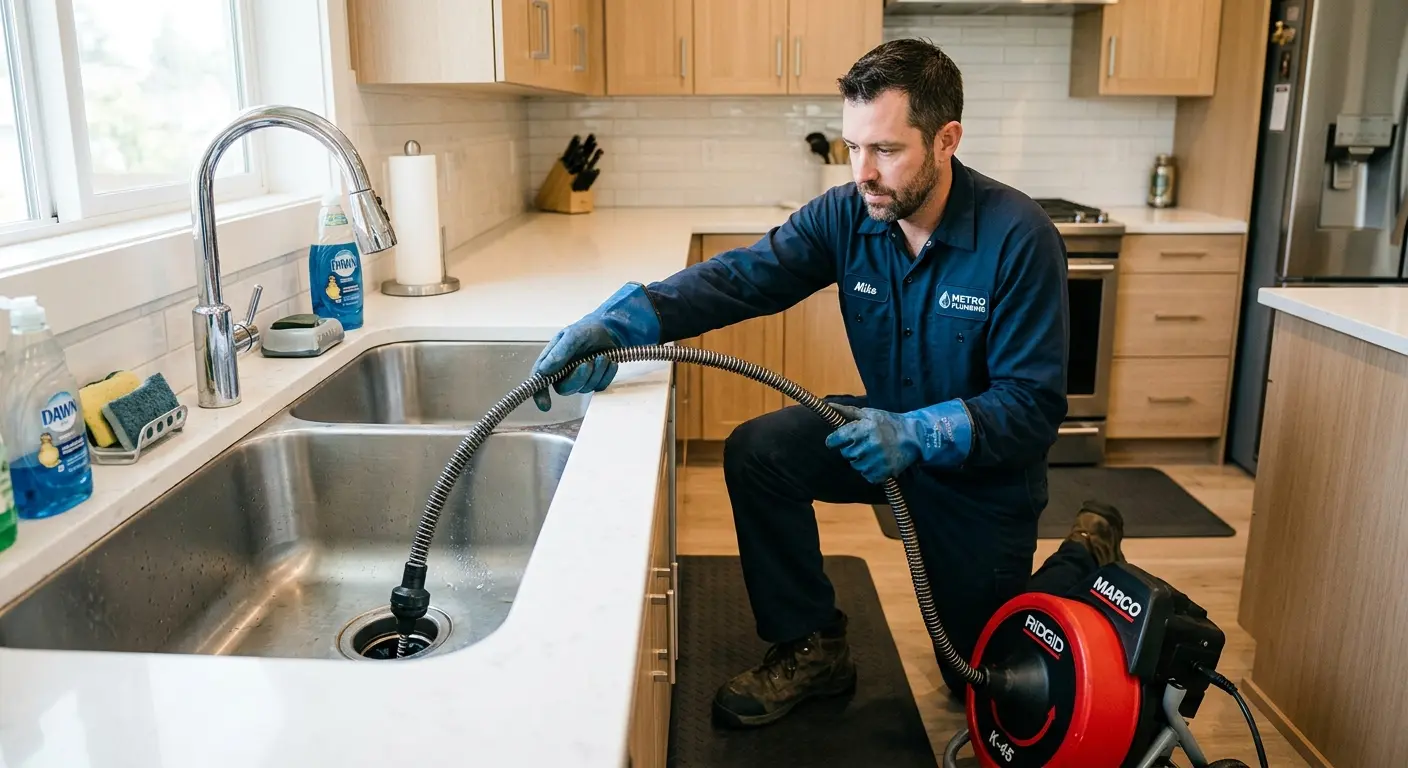 Drain cleaning technician using a motorized snake on a kitchen sink in Waimanalo